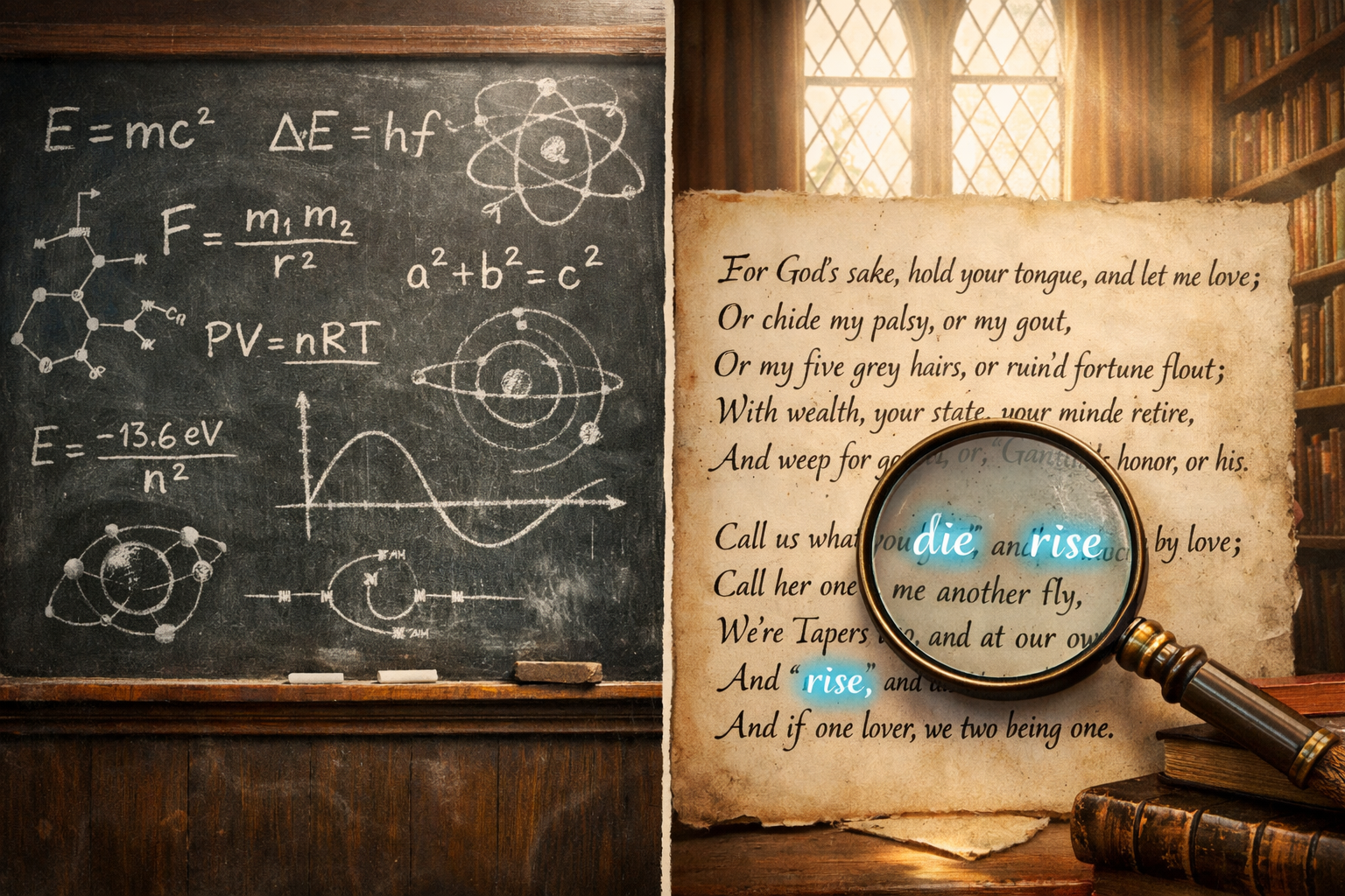 Detailed () image showing a side-by-side visual comparison of a scientific formula on a chalkboard and a handwritten stanza