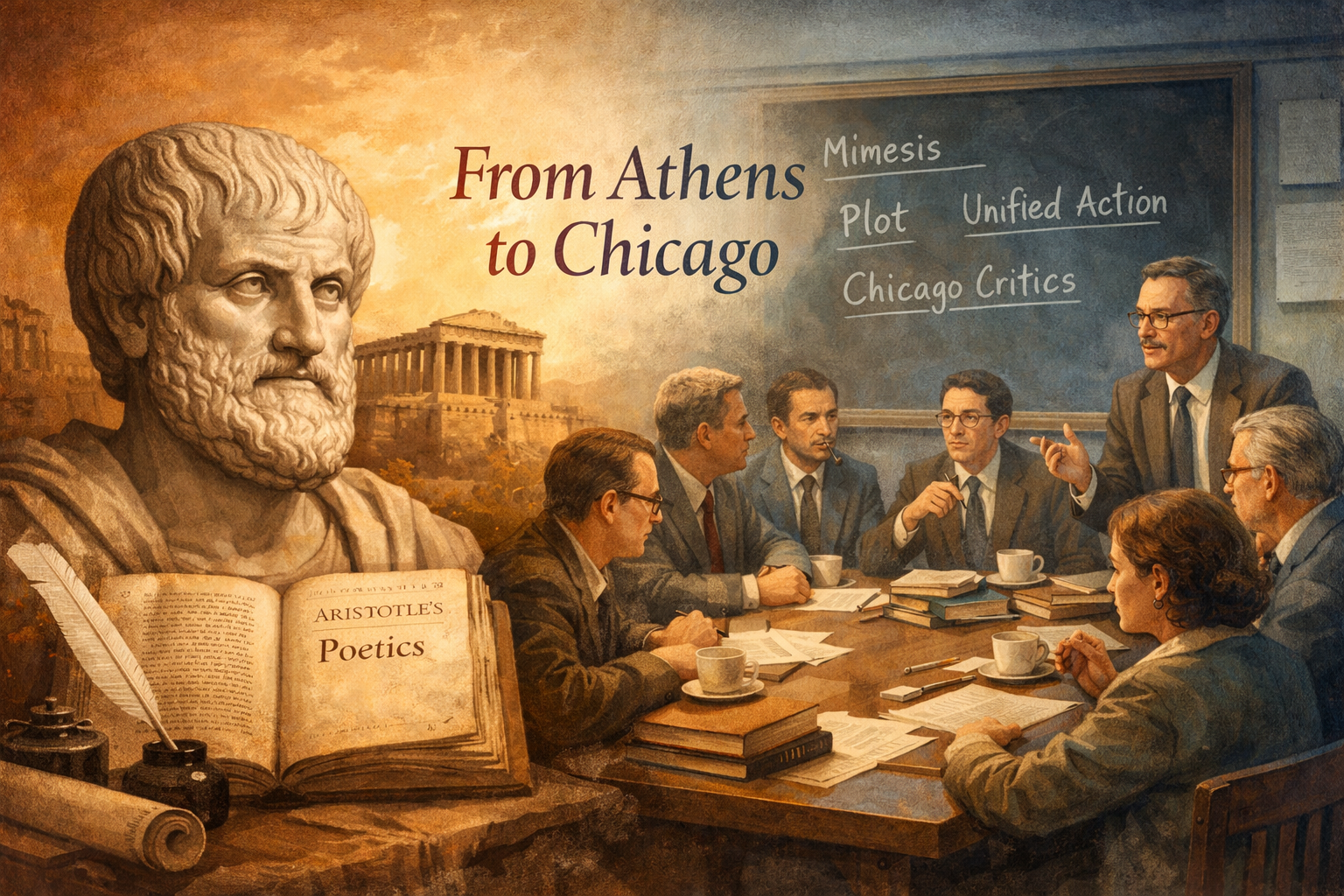 Detailed () conceptual illustration showing a split composition: on the left, a marble bust of Aristotle with the Poetics