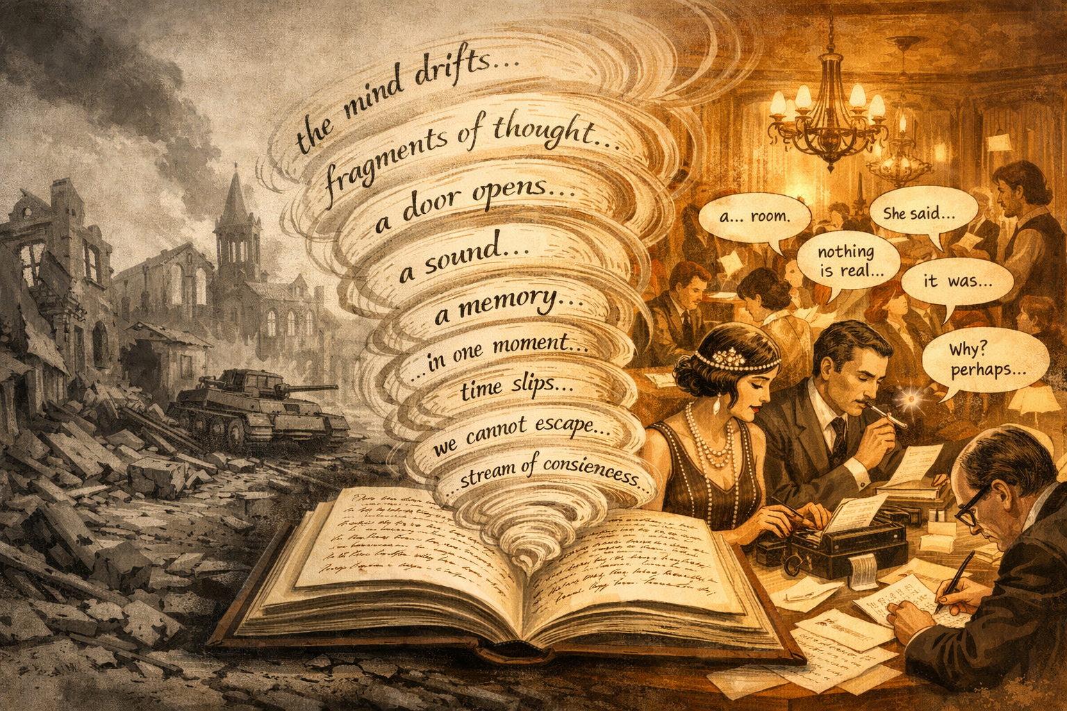 () editorial illustration showing a split-scene composition: left side depicts a war-ravaged European cityscape in muted