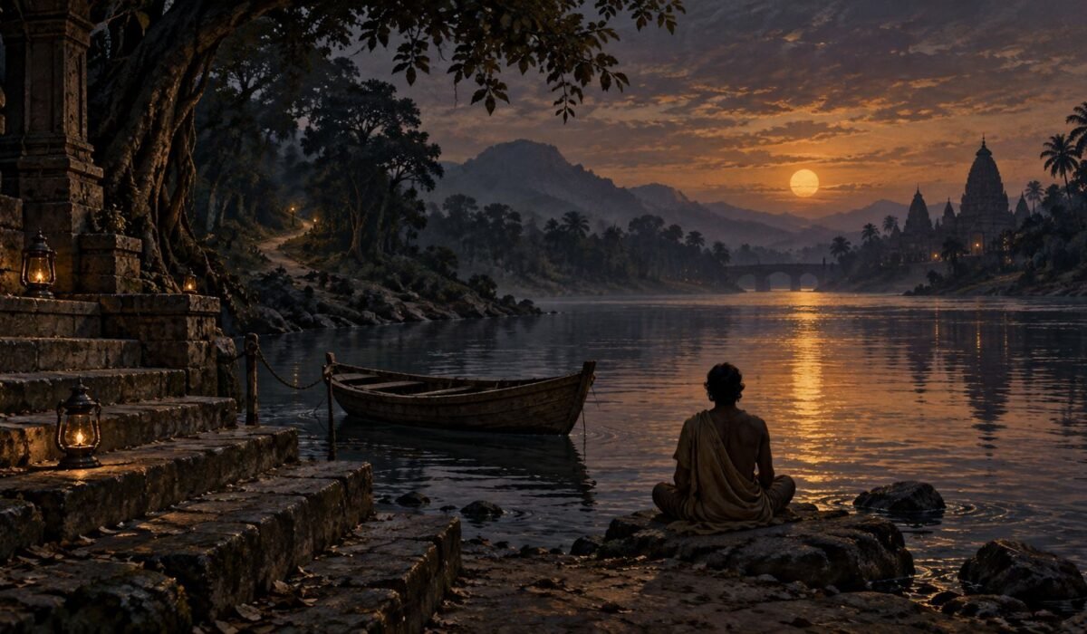 A lone seeker beside a river and ferry at twilight, illustrating the river symbolism in Hermann Hesse's Siddhartha