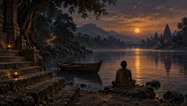 A lone seeker beside a river and ferry at twilight, illustrating the river symbolism in Hermann Hesse's Siddhartha
