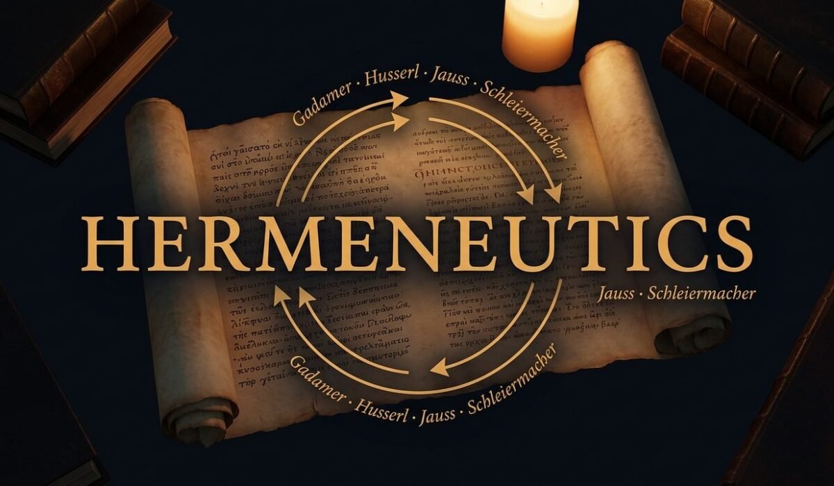 A dark-academia editorial illustration showing a circular hermeneutic diagram over an ancient manuscript, representing hermeneutics and phenomenological criticism for UGC NET English