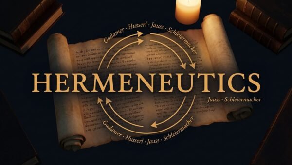 A dark-academia editorial illustration showing a circular hermeneutic diagram over an ancient manuscript, representing hermeneutics and phenomenological criticism for UGC NET English