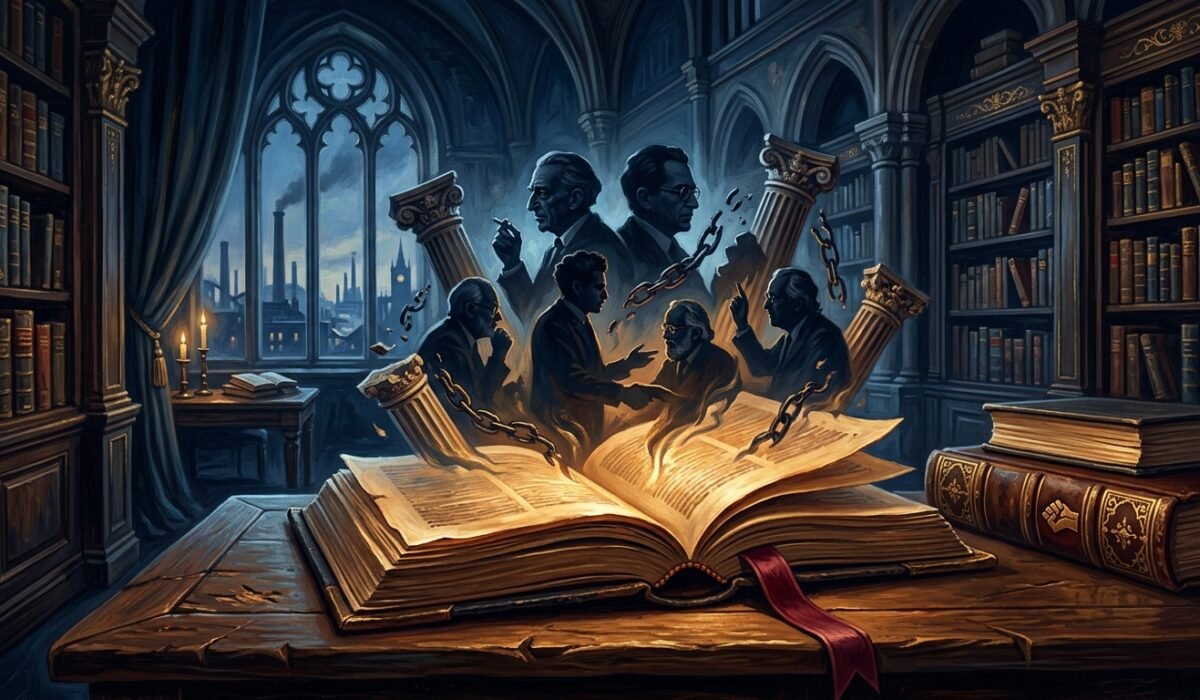 Dark academia illustration for Marxist Literary Criticism UGC NET - scholars rising from books in gothic library