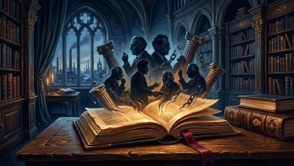 Dark academia illustration for Marxist Literary Criticism UGC NET - scholars rising from books in gothic library