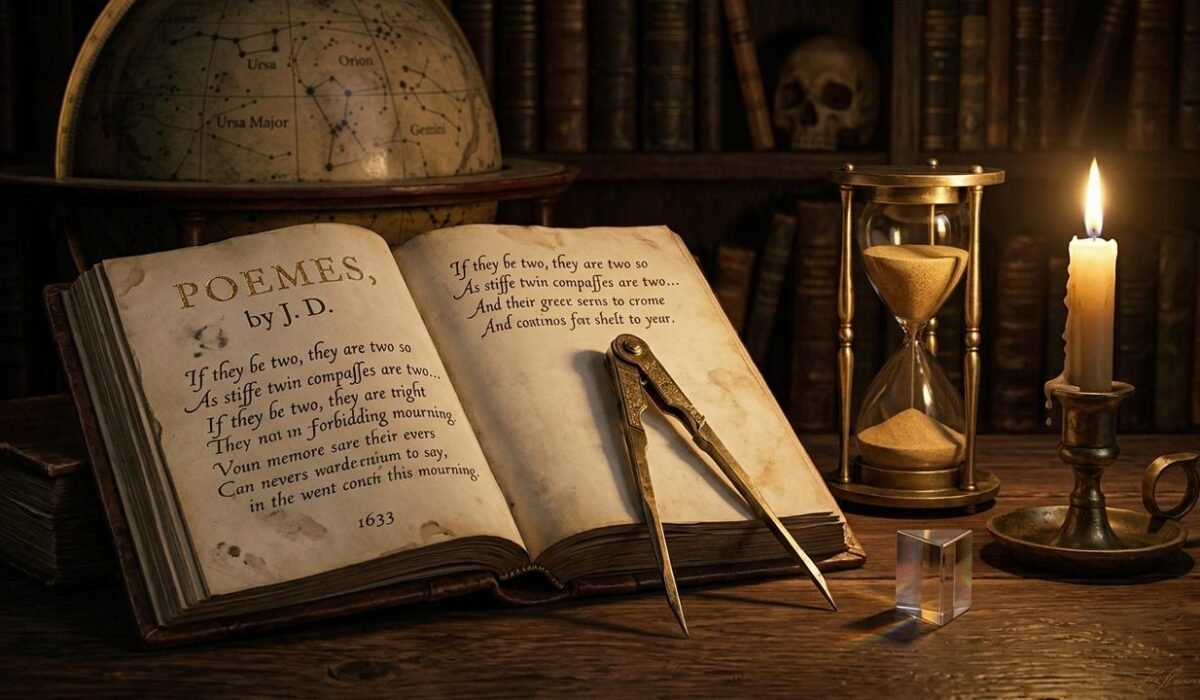 Metaphysical Poetry and John Donne study guide with twin compasses, 1633 folio and hourglass for RPSC and UGC NET