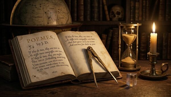 Metaphysical Poetry and John Donne study guide with twin compasses, 1633 folio and hourglass for RPSC and UGC NET