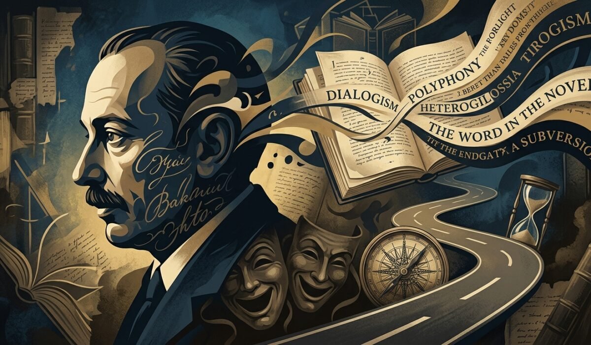 Mikhail Bakhtin concept illustration with dialogism, polyphony, carnivalesque masks, and chronotope road