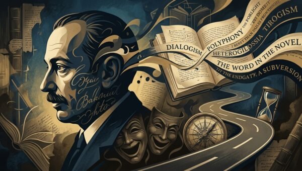 Mikhail Bakhtin concept illustration with dialogism, polyphony, carnivalesque masks, and chronotope road