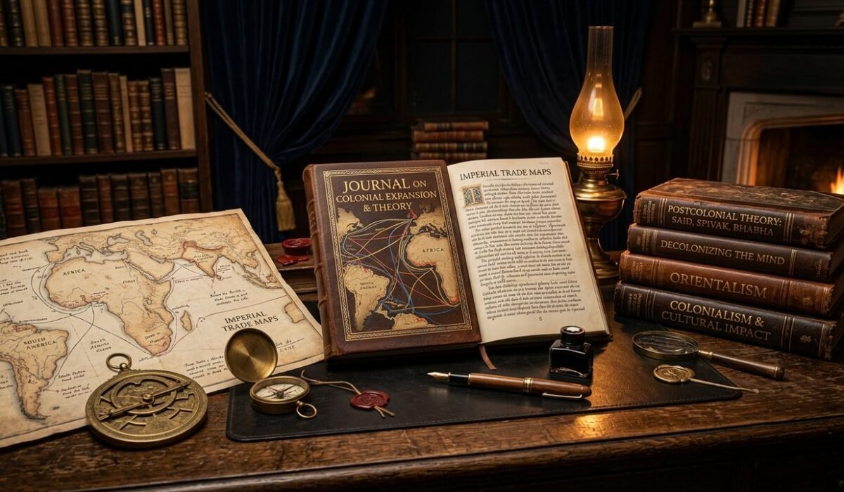 Scholarly dark academia study guide illustration for Postcolonial Theory in Literature featuring antique maps, compass, and treatises of Edward Said, Homi Bhabha, and Gayatri Spivak