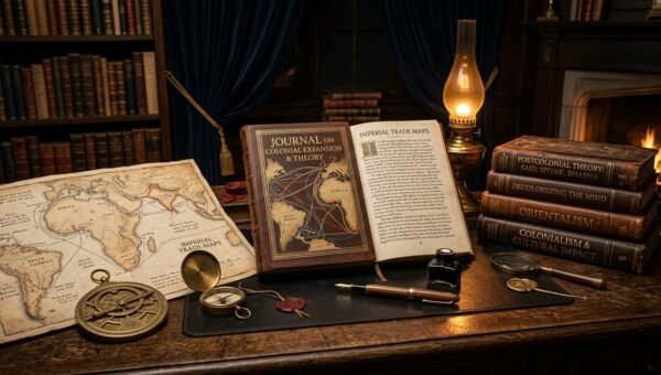Scholarly dark academia study guide illustration for Postcolonial Theory in Literature featuring antique maps, compass, and treatises of Edward Said, Homi Bhabha, and Gayatri Spivak