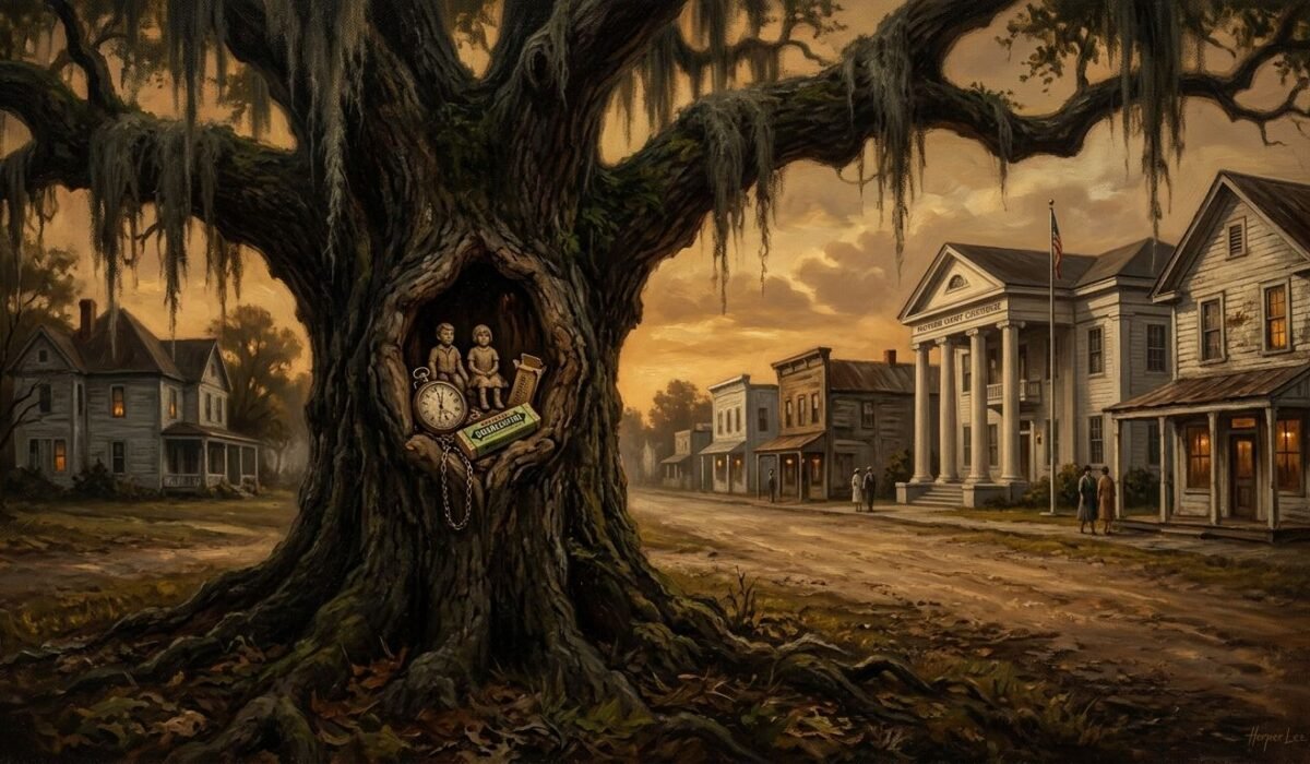 To Kill a Mockingbird by Harper Lee: Maycomb oak tree with soap carvings in knothole, Atticus Finch, Scout, Boo Radley, Tom Robinson trial, and full study guide