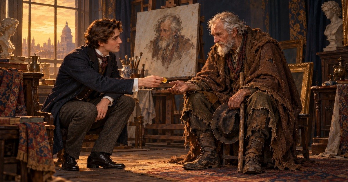A young man offers a gold coin to an elderly model dressed as a beggar in a Victorian painter's studio