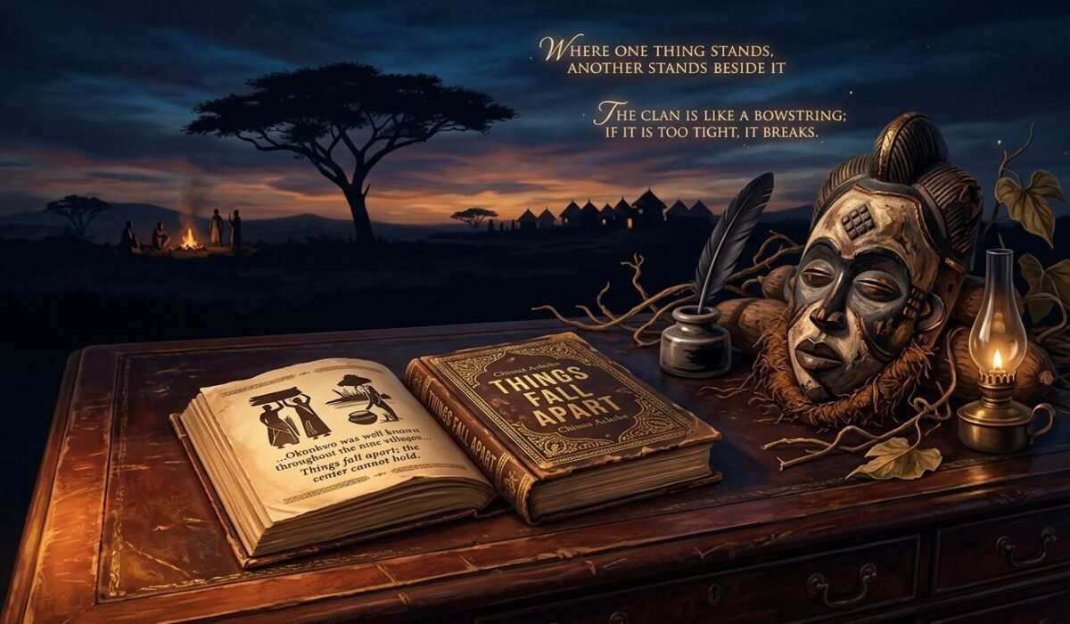 A dark-academia editorial book illustration for Chinua Achebe's Things Fall Apart featuring an open classic edition, traditional Igbo egwugwu mask, and African savannah landscape