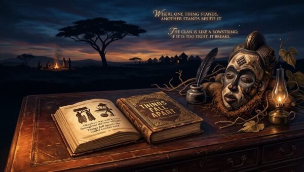 A dark-academia editorial book illustration for Chinua Achebe's Things Fall Apart featuring an open classic edition, traditional Igbo egwugwu mask, and African savannah landscape